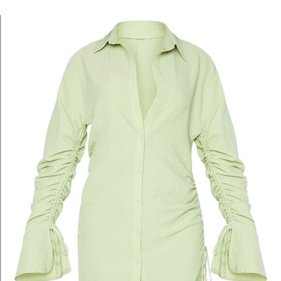 PrettyLittleThing Green Button Down Shirt Dress with Ruched Bell Sleeves - Picture 1 of 8
